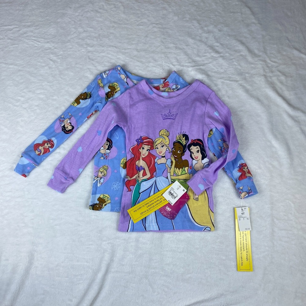 Disney Princess Lot of 2 Pajama Top Girls 4T‎ Purple Cartoon Characters Snug Fit